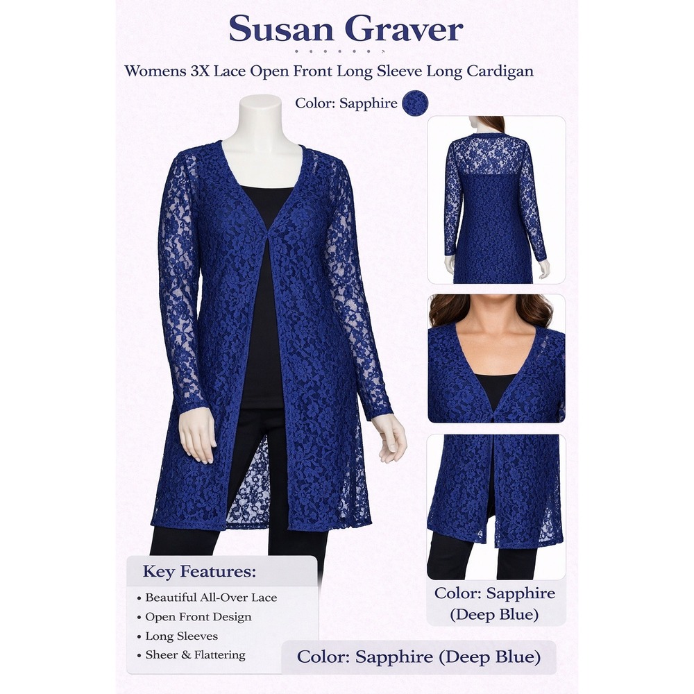 Susan Graver Womens 3X Lace Open Front‎ Long Sleeve Long Cardigan Blue NWT